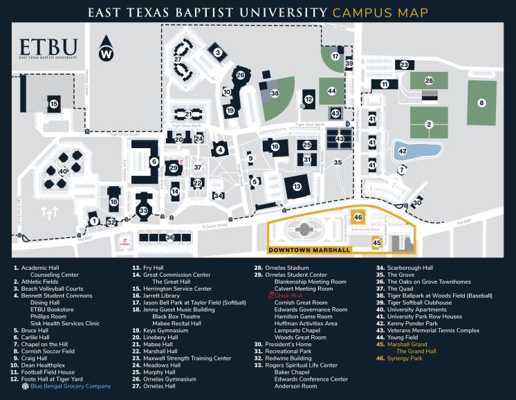 A map of East Texas Baptist University's campus.